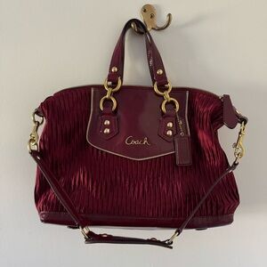 Authentic Coach Satin Wine Red Ashley Satchel with Gold Hardware